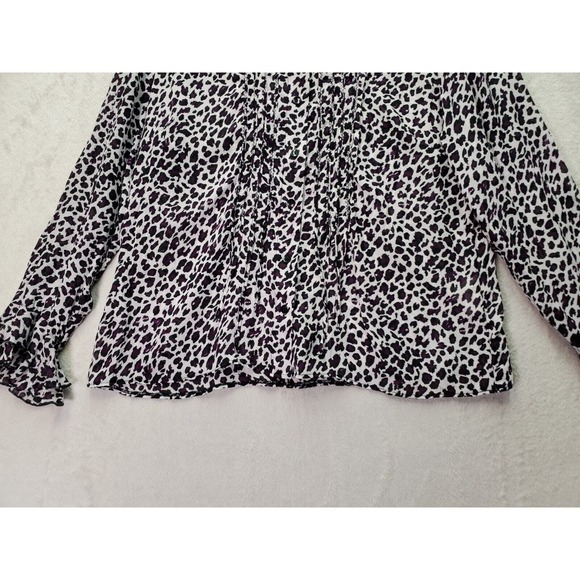Canda Blouse Top Women's M White Purple Leopard Print Sheer Collar Button Front - Picture 3 of 9